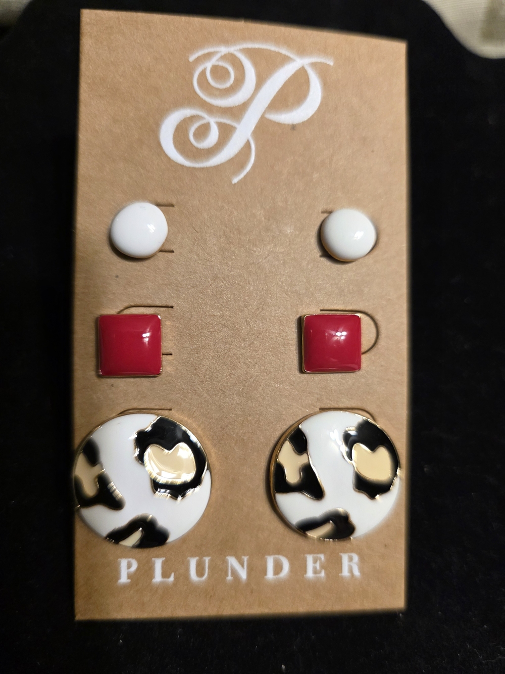 #845 Plunder 3-Pair Earring Set in White, Red, Black & Gold